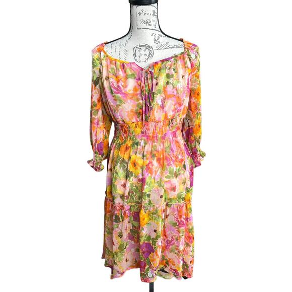 New Anthropologie Fig & Flower Floral Boho Hi Lo Chiffon LS Dress Lined Large - Picture 1 of 9